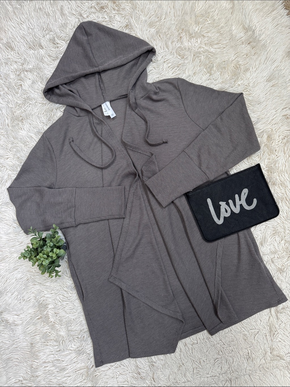 Honeyme Waffle Knit Hooded Cardigan 💗 Charcoal Gray